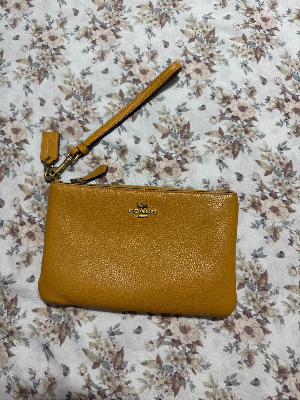 Coach Pebbled Leather Wristlet Clutch in Mustard Yellow